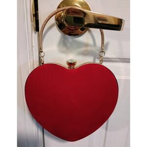 Women's Red Velvet Heart Clutch Evening Bag with Gold Crossbody Chain - NWOT